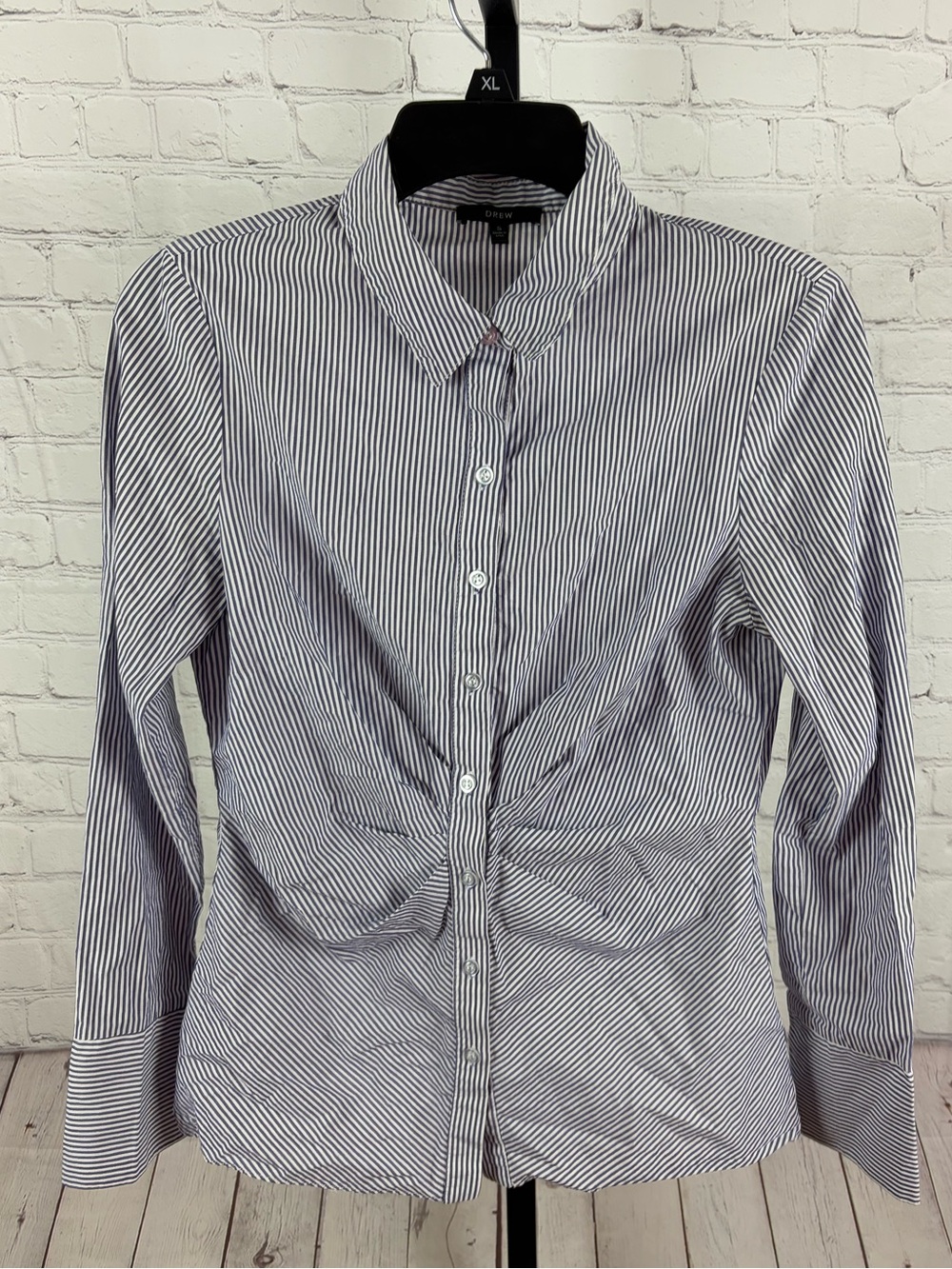 Drew Navy & White Striped Twist-Front Ruched Button-Up Blouse Size Small